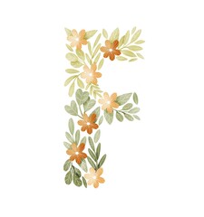 Letter F floral letter with orange flowers and green leaves. Lovely ABC for nursery room or education. Personalized floral monogram. Botanical illustration.