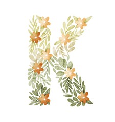Letter K floral letter with orange flowers and green leaves. Lovely ABC for nursery room or education. Personalized floral monogram. Botanical illustration.