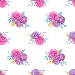 Fototapete Blumen Nahtloses Muster mit Aquarellrosa und lila Rosen auf weißem Hintergrund. Helle Blumenarrangements mit zarten Details.