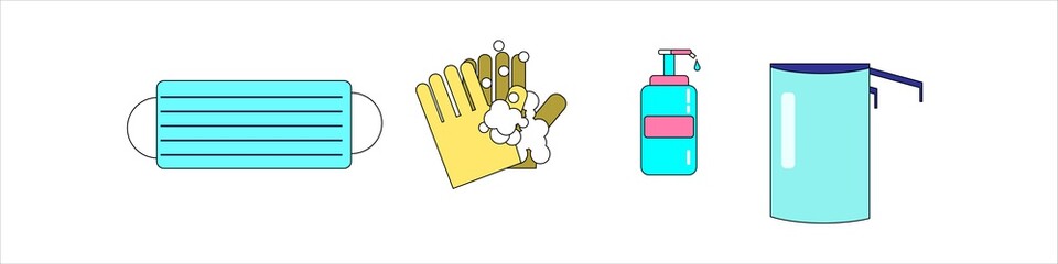Personal protection equipment icons - medical mask, latex gloves, dispenser, protective glasses. Coronavirus, covid 19 prevention items. Line, outline symbols. Mask icon. Vector illustration