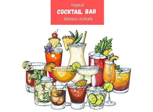 Alcoholic cocktails. Hand drawn vector illustration. Hand drawn drinks illustration. Cocktails set. Menu design elements.