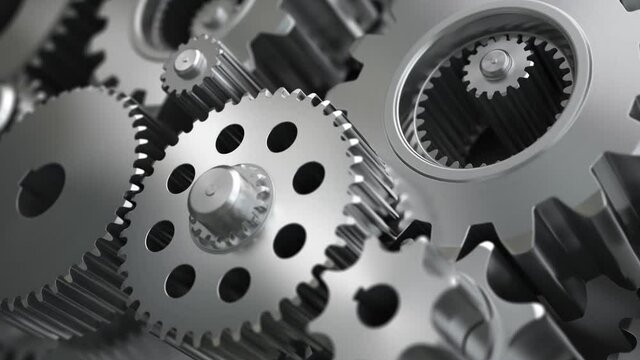 Gears and cogs rotating. Loopable 3d video animation