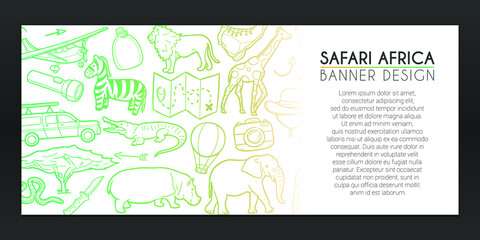 Africa Safari Doodles Banner. Animals Background Hand drawn. Adventure Icons illustration. Vector Horizontal Design.