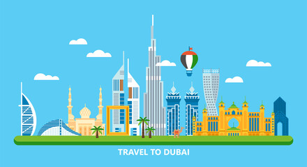 Travel to Dubai concept with skyline and famous buildings landmark