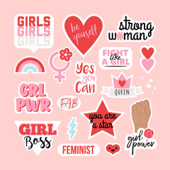 Sticker set with girl power slogans and feminist quotes