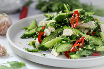 Salad with cucumbers, green onions, cilantro, chicken breast and chili. Asian-style salad.
