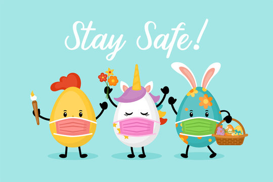 Easter holiday banner design with cute eggs cartoon characters with face medical mask