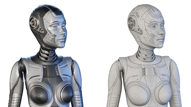 3d render of detailed futuristic woman or cybernetic girl in two polygonal shader and grey wireframe shape with visible edges. Upper body isolated on white background