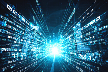 Digital data flow on road with motion blur to create vision of fast speed transfer . Concept of...