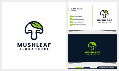 line art mushroom with nature leaf logo concept and business card template