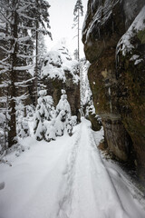 Scenic detail of path in Sandstone rocks in Winter - Adrspach, Czech republic