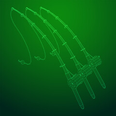 Fishing rod with line sinker and hook. Wireframe low poly mesh vector illustration.