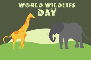 illustration design concept of world wildlife day, Concept Important dates on animals and the environment ,Animals, elephant, giraffe