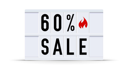 60 percent sale. Text displayed on a vintage letter board light box. Vector illustration.