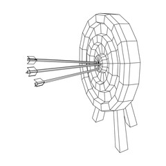 Archery target. Arrows hit round target goal concept. Wireframe low poly mesh vector illustration