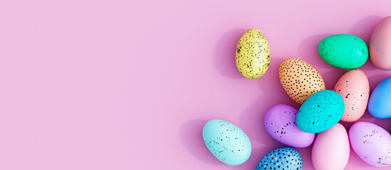 Bunch of colorful eggs on a pink Easter background 3D Rendering