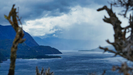 Landscape  of lake Lacar on a stormy afternoon. San Martin de los Andes, Neuquen  