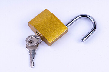 open padlock with key on white