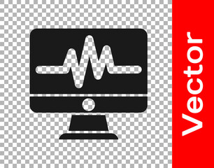 Black Computer monitor with cardiogram icon isolated on transparent background. Monitoring icon. ECG monitor with heart beat hand drawn. Vector Illustration.