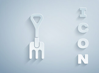 Paper cut Garden rake icon isolated on grey background. Tool for horticulture, agriculture, farming. Ground cultivator. Paper art style. Vector Illustration.