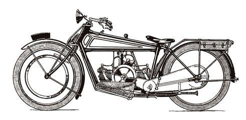 Obraz premium Antique flat twin cylinder engine motorcycle in side view, after an illustration from the early 20th century