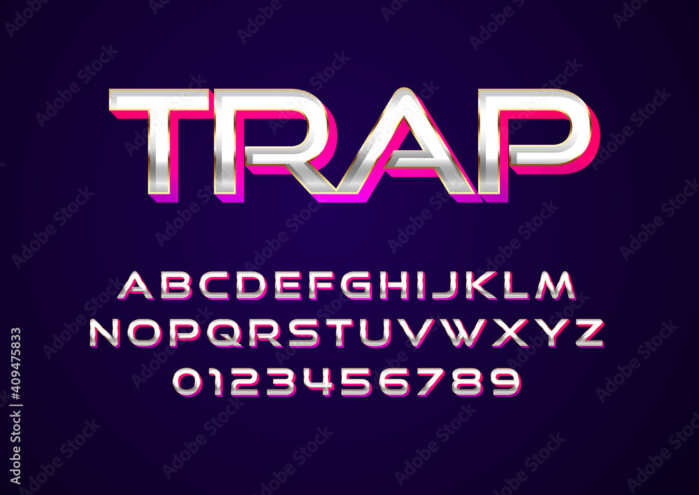 Poster shiny metallic sans-serif font effect. set of character alphabet and number with glossy metal style 