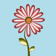 Red-brown flower with green leaves on a sky-blue background. can be used as a congratulations card. 