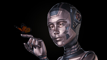 3d render of detailed robot woman or humanoid cyber girl looking at a butterfly sitting on her forefinger. Closeup view isolated on black background
