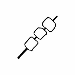 Vector illustration in doodle style of marshmallows on skewer. Camping fire icon. For prints, stationery, stickers, logo, food blog, picnics, web, flyers. Campsite bonfire summer party. Grilled food 