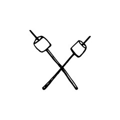 Vector illustration in doodle style of marshmallows on skewers. Grilled food. Camping fire icon. For prints, stationery, stickers, logo, food blog, picnics, web, flyers. Campsite bonfire summer party