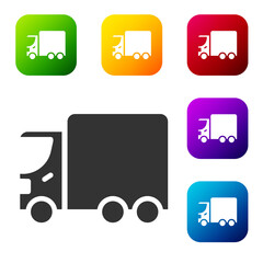 Black Delivery cargo truck vehicle icon isolated on white background. Set icons in color square buttons. Vector.