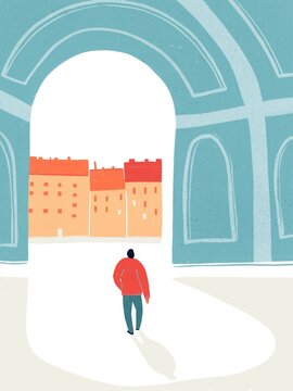 City tour illustration. Tourists in the old town. Abstract cartoon flat style. Time to travel. Panoramic architecture. Travel concept. Poster wall.