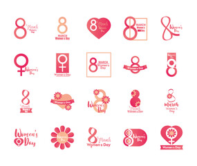 womens day lettering, banner, card 8 march celebration icon set