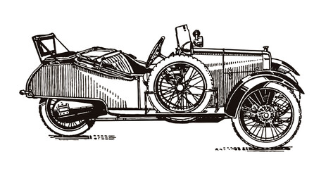Fototapeta na wymiar Antique three-wheeled cyclecar with rumble seat for children in side view, after an illustration from the early 20th century