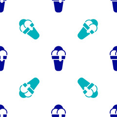 Blue Ice cream in waffle cone icon isolated seamless pattern on white background. Sweet symbol. Vector.