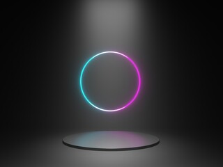 Round black podium for product display on neon background, show product display, luxury minimalist mockup - 3D render