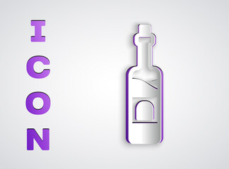 Paper cut Bottle of wine icon isolated on grey background. Paper art style. Vector.