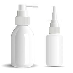 Nasal spray bottle, nose or throat medicine aerosol blank. Isolated vector container with dropper for nozzle drug product. Realistic oral dosedispenser mock up against flu, pharmaceutical medication