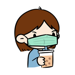 Hand drawn cartoon of a girl drinking bubble milk tea while wearing a medical face mask. New normal concept