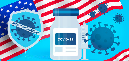 Creation of the COVID-19 coronavirus vaccine in the USA. The concept of a vaccine with the flag of the United States. Stop the coronavirus. Bright blue web banner.