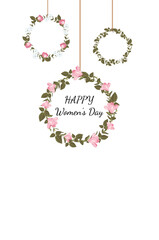 8 march. Happy Woman's Day. Vector minimalistic congratulation card with floral wreath on white background.