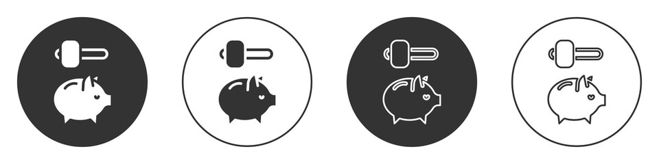 Black Piggy bank and hammer icon isolated on white background. Icon saving or accumulation of money, investment. Circle button. Vector.