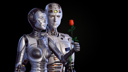 Fototapeta premium 3d render of two detailed robots or man and woman humanoids standing near each other while holding a flower. Upper bodies isolated on black background with free copy space for text