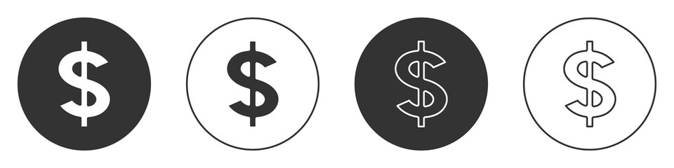 Black Dollar symbol icon isolated on white background. Cash and money, wealth, payment symbol. Casino gambling. Circle button. Vector.