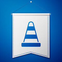 Blue Traffic cone icon isolated on blue background. White pennant template. Vector.