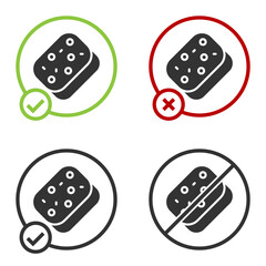 Black Sponge with bubbles icon isolated on white background. Wisp of bast for washing dishes. Cleaning service logo. Circle button. Vector.