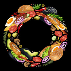 Frame of Burger ingredients for fast food menu illustration. Hand drawn fresh vegetables, organic bread, classic and black bun with sesame, eggs, meat and chicken cutlets isolated on black background