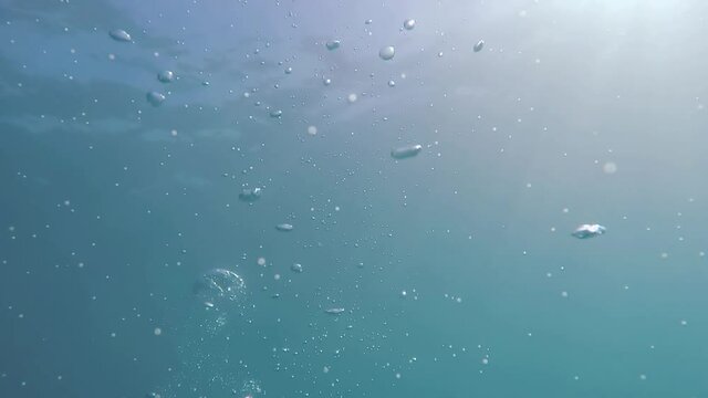 Paisaje submarino con burbujas subiendo por el buceador