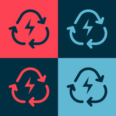 Pop art Battery with recycle symbol line icon isolated on color background. Battery with recycling symbol - renewable energy concept. Vector.