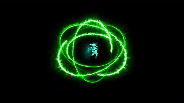 Colorful blazing ring fire fiery atom sphere circle magic shiny rotation loop around the core on a black background